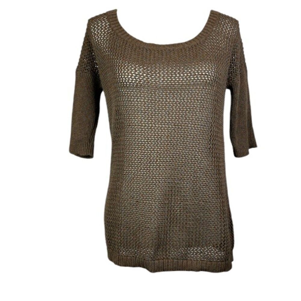 Peruvian Connection Open‎ Knit 1/2 Sleeve Round Neck Sweater Brown Pima Small